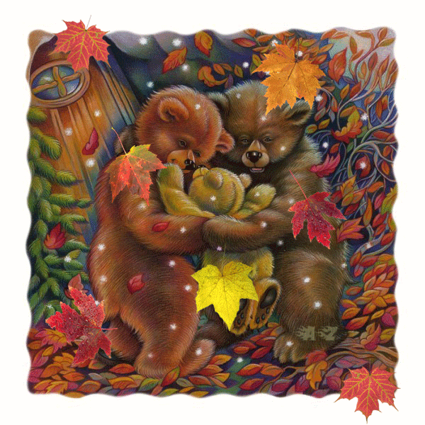 Мишки под листопадом - Осенние картинки, gif скачать бесплатно