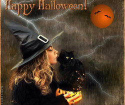 Хэллоуин ведьмочка и черный кот - Картинки Хэллоуин