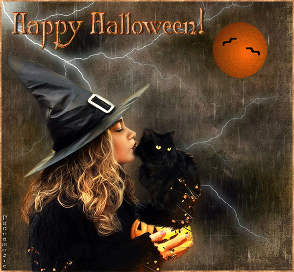 Хэллоуин ведьмочка и черный кот - Картинки Хэллоуин, gif скачать бесплатно